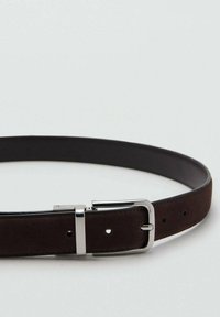 Brown suede belt with a smooth finish, silver rectangular buckle, and multiple hole adjustments along the length for sizing.