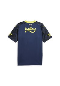 Laivaston urheilupaita, jossa on keltainen "halley" -brändäys, lyhyet mustat kuviolliset hihat, pyöreä kaula-aukko ja sivusaumadetaillointi.