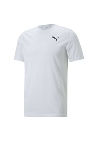 Bílý sportovní tričko z prodyšného materiálu, s krátkými rukávy, kulatým výstřihem a černým logem Puma na hrudi.