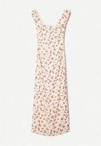 Kukallinen mekko, jossa on valkoinen tausta, punaisista kukista koostuva kuvio, pyöreä kaula-aukko ja virtaava siluetti. Valmistettu kevyestä kankaasta.