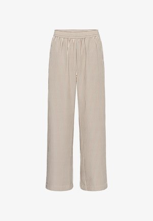 Beige wide-leg pants with vertical thin brown stripes and an elastic waistband, displayed on a white background.