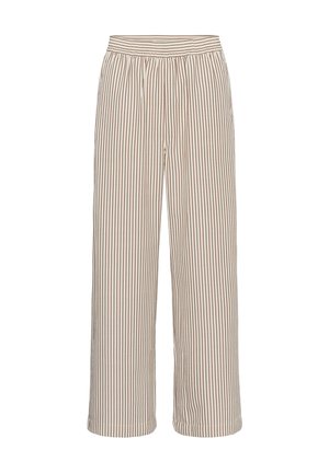 Beige weite Hose mit vertikalen dünnen braunen Streifen und elastischem Bund, auf weißem Hintergrund dargestellt.