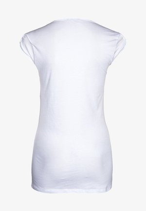 White cotton t-shirt with short sleeves, a round neckline, and a slim fit. Smooth texture and plain design with no patterns or accents.