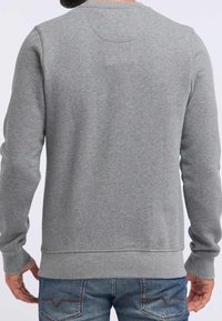 Man som har en enkel ljusgrå långärmad sweatshirt sedd från baksidan, tillsammans med blå denimjeans.