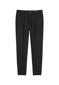 Zwarte op maat gemaakte broek met een gladde stoftextuur, voorzien van riemlussen, zijzakken en een ritssluiting aan de voorkant. Slim fit ontwerp.