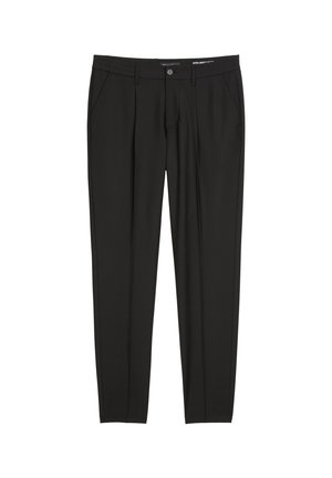 Zwarte op maat gemaakte broek met een gladde stoftextuur, voorzien van riemlussen, zijzakken en een ritssluiting aan de voorkant. Slim fit ontwerp.