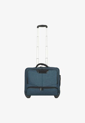 Roltas in blauwe stof met een textuurafwerking, uittrekbare handgreep, zwarte accenten, een voorvak met rits en een stevige basis.