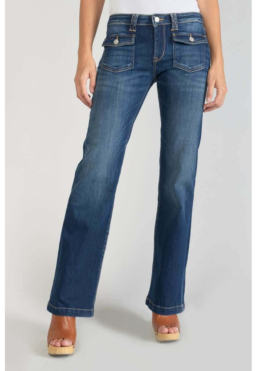 Jeans Flare Vintage Bleu Le Temps Des Cerises - Coupe évasée, Toile Italienne Stretch, Bouton Turquoise - 4