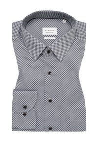 Eterna comfort fit shirt, kort mouw, met een patroon van marineblauwe en witte ruitvormen, met een button-down kraag en bruine knopen.