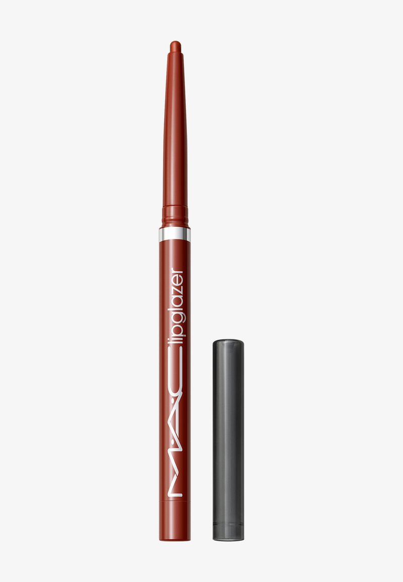 Red lip liner with a fine tip, labeled "lipglazer." Includes a grey cap. The finish is matte, and the texture appears smooth and creamy.