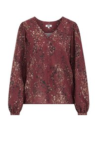 Blouse bordeaux à manches longues, décolleté en V, boutons sur le devant, et un motif à pois dans des tons dorés, noirs et crème, fabriquée en tissu doux.
