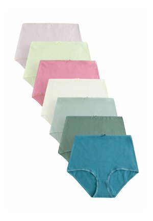 Sept paires de sous-vêtements pour femmes à taille haute unis dans des couleurs pastel empilés verticalement, chacun avec un petit nœud à la ceinture.