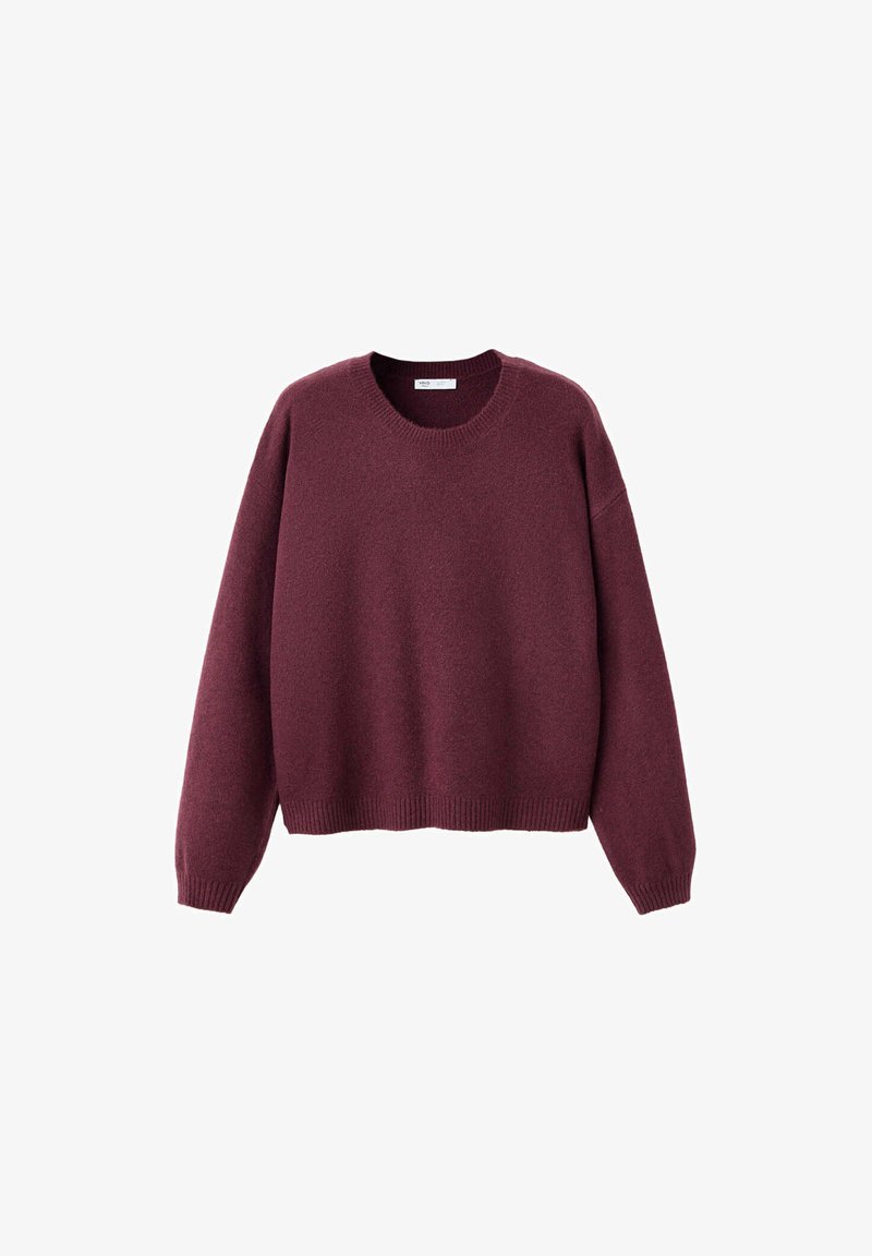 Pull en maille à manches longues avec col rond de couleur bordeaux foncé, doté de poignets et ourlet côtelés, présenté sur fond blanc.