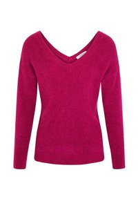 Pull en tricot fuchsia avec des manches longues et un décolleté en V profond. Présente un motif texturé ainsi que des bords-côtes aux poignets et à l'ourlet.