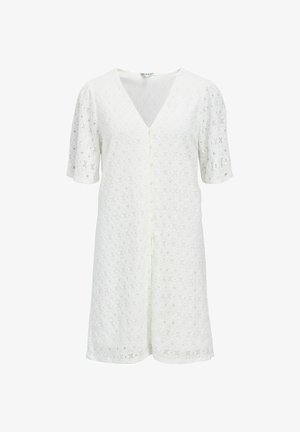 Fehér rövid ujjú csipkeruha V-nyakkivágással és elöl gombokkal, térdig érő, virágos lyukacsos mintával és puha anyagú béléssel.