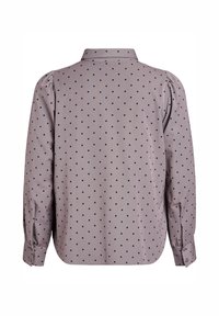 Langærmet lilla skjorte med sorte prikker, med knaplukning ved håndleddene og klassisk krave, vist fra bagsiden.