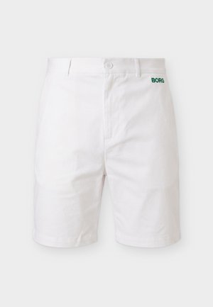 Pantalones cortos blancos confeccionados con cierre de botón y cremallera, trabillas para cinturón y logo "BORG" bordado en verde en la parte delantera derecha de la cintura.