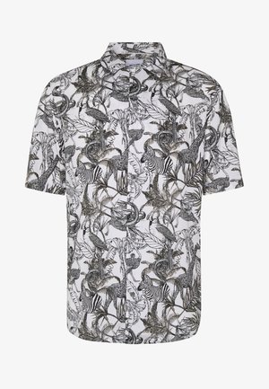 Chemise à manches courtes boutonnée avec imprimé détaillé en noir et blanc de la faune sauvage, comprenant des zèbres, des girafes, des oiseaux, des serpents et des plantes tropicales.