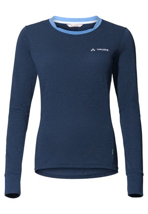 Langarm-Navyhemd aus weichem Stoff mit einem hellblauen Rundhalsausschnitt, schlanker Passform und einem kleinen weißen Logo auf der Brust.