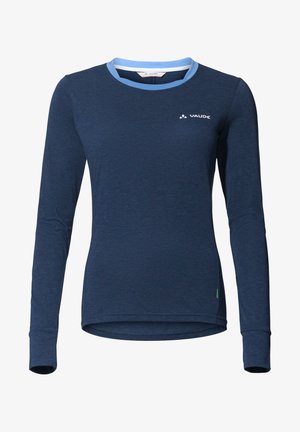 Langarm-Navyhemd aus weichem Stoff mit einem hellblauen Rundhalsausschnitt, schlanker Passform und einem kleinen weißen Logo auf der Brust.