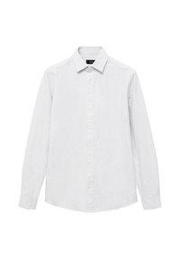 Camisa de manga larga en blanco con finas rayas grises. Presenta un collar puntiagudo y cierre frontal con botones, confeccionada en una tela ligera.