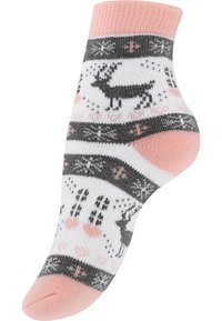 Calzino di lana con caviglia, caratterizzato da una base bianca con renne nere, motivi di fiocchi di neve grigi e rosa, e una lavorazione a coste leggera rosa sul polsino e sulla suola.