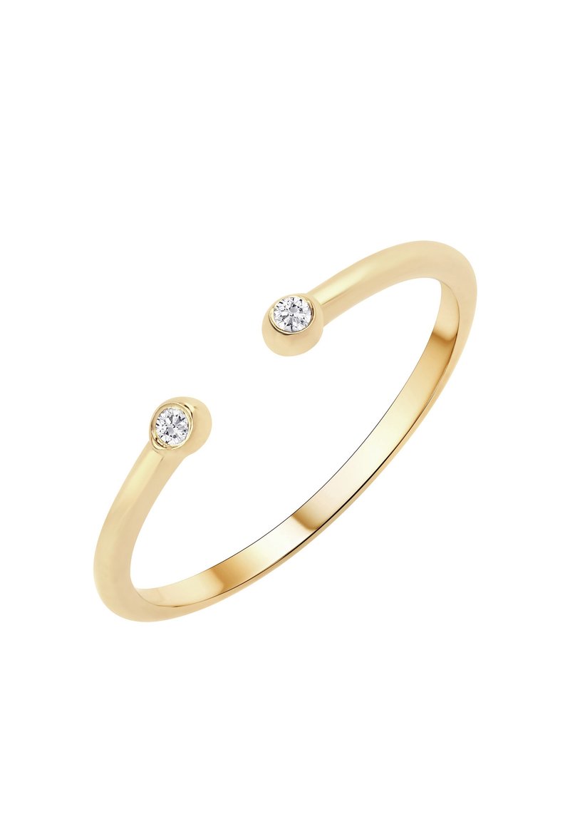 Offener Goldring mit zwei kleinen, runden, klaren Edelsteinen an jedem Ende. Glatte, polierte Oberfläche hebt das minimalistische Design hervor.