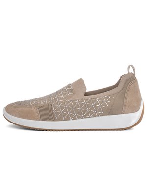 Beige slip-on sneaker with white geometric patterns, knitted fabric upper, suede heel and toe details, and white rubber sole with pull tab.
