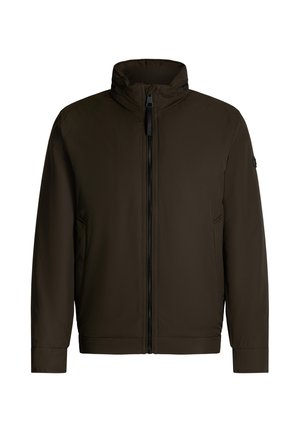 Dunkelbraune Jacke, Reißverschluss vorne, hoher Kragen, leichtes Material und Seitentaschen. Minimalistisches Design ohne zusätzliche Muster oder Akzente.