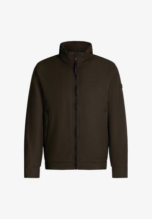 Veste marron foncé, fermeture éclair à l'avant, col haut, tissu léger et poches latérales. Design minimaliste sans motifs ni accents supplémentaires.