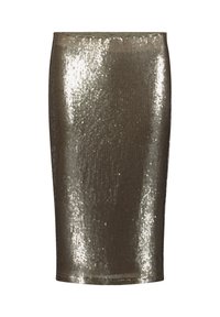 Jupe crayon en bronze métallique couverte de paillettes, dotée d'une coupe ajustée et d'une texture lisse, conçue pour une silhouette élancée.