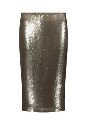 Metallisk bronze blyantskirt dækket af pailletter, med en tætsiddende design og glat tekstur, skræddersyet til en slank silhuet.