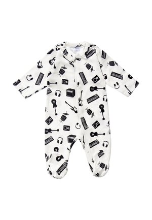 Body bianco per neonati con maniche lunghe e piedi coperti, con stampe nere di strumenti musicali tra cui chitarre, batterie, tastiere, cuffie e amplificatori.