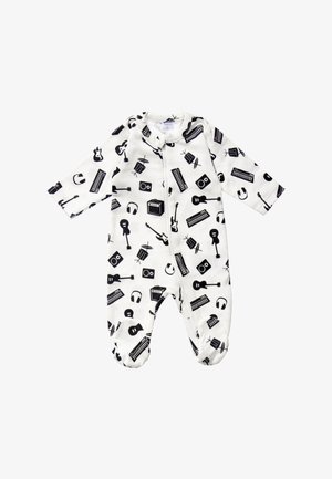 Body bianco per neonati con maniche lunghe e piedi coperti, con stampe nere di strumenti musicali tra cui chitarre, batterie, tastiere, cuffie e amplificatori.