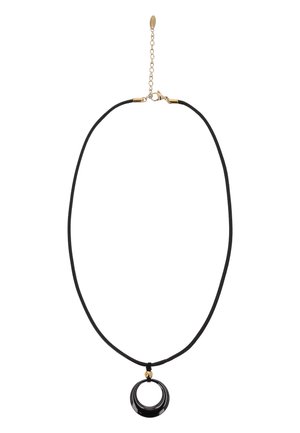 Czarny sznurkowy naszyjnik z błyszczącym czarnym okrągłym wisiorkiem i małą złotą koralikiem powyżej, wyposażony w złote zapięcie typu lobster oraz regulowany łańcuszek.
