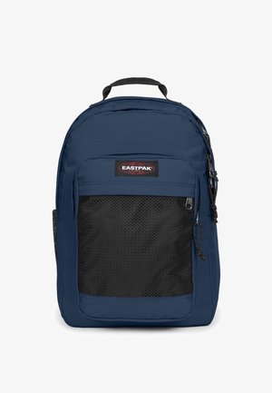 Donkerblauwe Eastpak rugzak met een zwarte gaas voorkant, een ritsvak, een handvat aan de bovenkant en verstelbare, gevoerde schouderbanden.