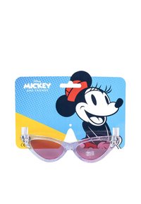 Occhiali da sole a forma di occhio di gatto con una montatura trasparente e glitterata e lenti rosa sfumate, confezionati con un design colorato di Minnie Mouse. Protezione UV al 100%.