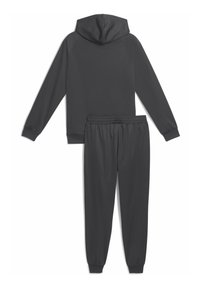 Conjunto de chándal gris oscuro que incluye una sudadera con capucha de mangas largas y puños elásticos, acompañada de pantalones a juego con cintura elástica. Textura suave.