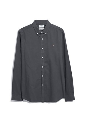 Dark gray long-sleeve shirt made of smooth fabric, featuring a button-down collar, a small chest logo, and white buttons down the front.