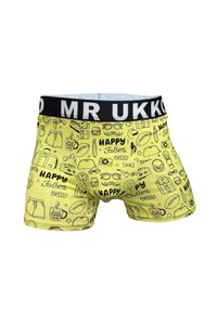 Boxer-briefs jaunes pour hommes avec une ceinture élastique noire, présentant divers dessins en ligne noirs liés à la fête des pères, y compris des motifs et du texte.