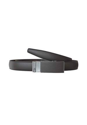 Black leather belt with rectangular matte metal buckle, partially coiled on a white background.