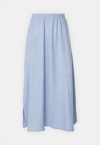 Ljusblå midikjol i mjukt, strukturerat tyg med resår i midjan och sidoslitsar för extra rörelsefrihet. Ren design.