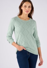 Lichtgroene gebreide trui met een zigzagpatroon en stipdetails, met lange mouwen en een ronde halslijn, gecombineerd met donkere jeans.