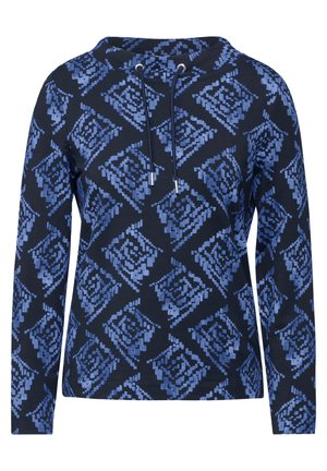 Sweatshirt bleu marine avec un motif en losanges de différentes nuances de bleu, doté d'une capuche, de cordons de serrage et de manches longues.