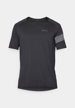 Maillot de cyclisme pour homme à manches courtes, noir avec une finition texturée, présentant une accentuation grise sur le bras gauche et une marque discrète.