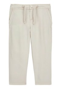 Pantaloni cropped color beige chiaro realizzati in tessuto morbido. Presentano due tasche laterali, una vita con cordoncino e cuciture pulite lungo i bordi.