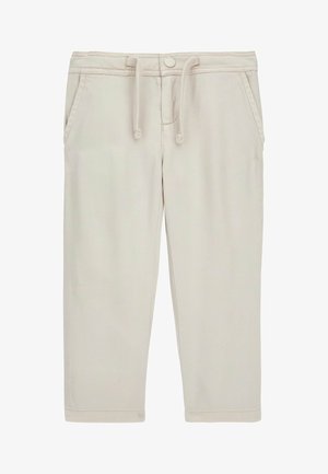 Pantaloni cropped color beige chiaro realizzati in tessuto morbido. Presentano due tasche laterali, una vita con cordoncino e cuciture pulite lungo i bordi.