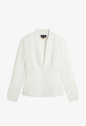 Blazer blanc en tissu lisse, avec un col cranté, une fermeture à un bouton et deux poches avant. Coupe ajustée avec des manches longues.