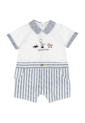 Romper bianco a maniche corte con colletto in denim, pantaloni corti a righe e giocattoli ricamati sul petto. Due tasche e un dettaglio con bottone.