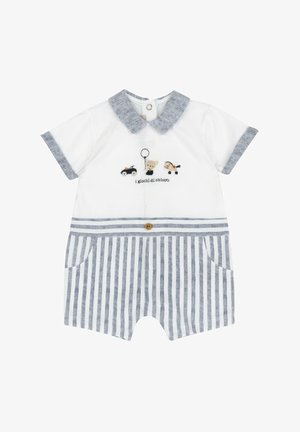 Salopette blanche à manches courtes avec un col en denim, short rayé et jouets brodés sur la poitrine. Deux poches et un détail de bouton.